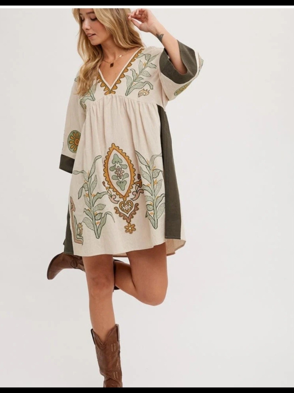 Bluivy Cream and Olive Boho Embroidered Mini Dress